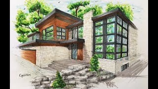 How to draw an Architectural sketching of house with markers Como hacer un Bosquejo arquitectónico [upl. by Nasia]