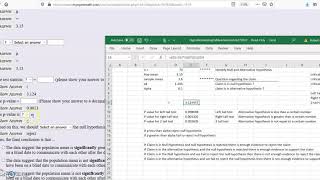 Hypothesis Testing excel mean right tail p vs alpha [upl. by Conger]