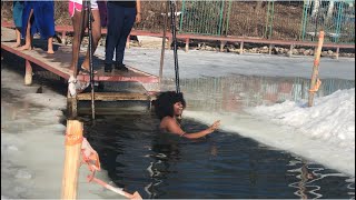 Winter swimming Ice bathing in Russia Namibian YouTuber [upl. by Soutor]