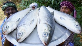 GIANT FISH FRY  Villagers cooking big fish fry in village cooking style  Village Food Cooking [upl. by Kusin]